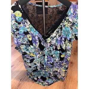 Vintage y2k Style &‎ Co. Floral V Neck Top Black Lace Back Women's Large